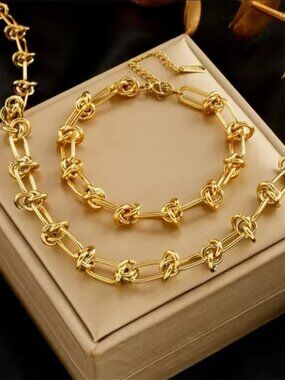 Graduated Link 18K Gold Stainless Steel Knot Necklace&Bracelet Set